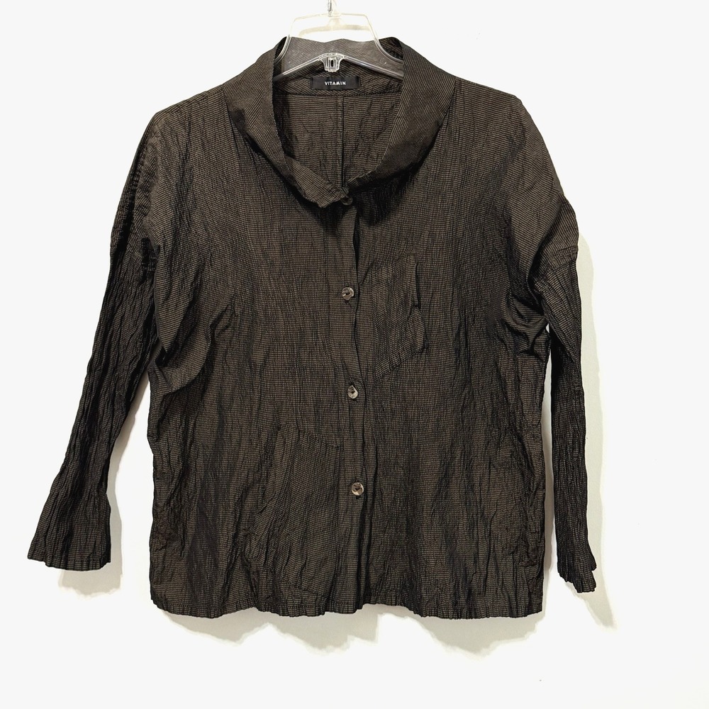 Vitamin Crinkle Top Blouse M Brown‎ Button Front RARE Cocktail Party Designer
